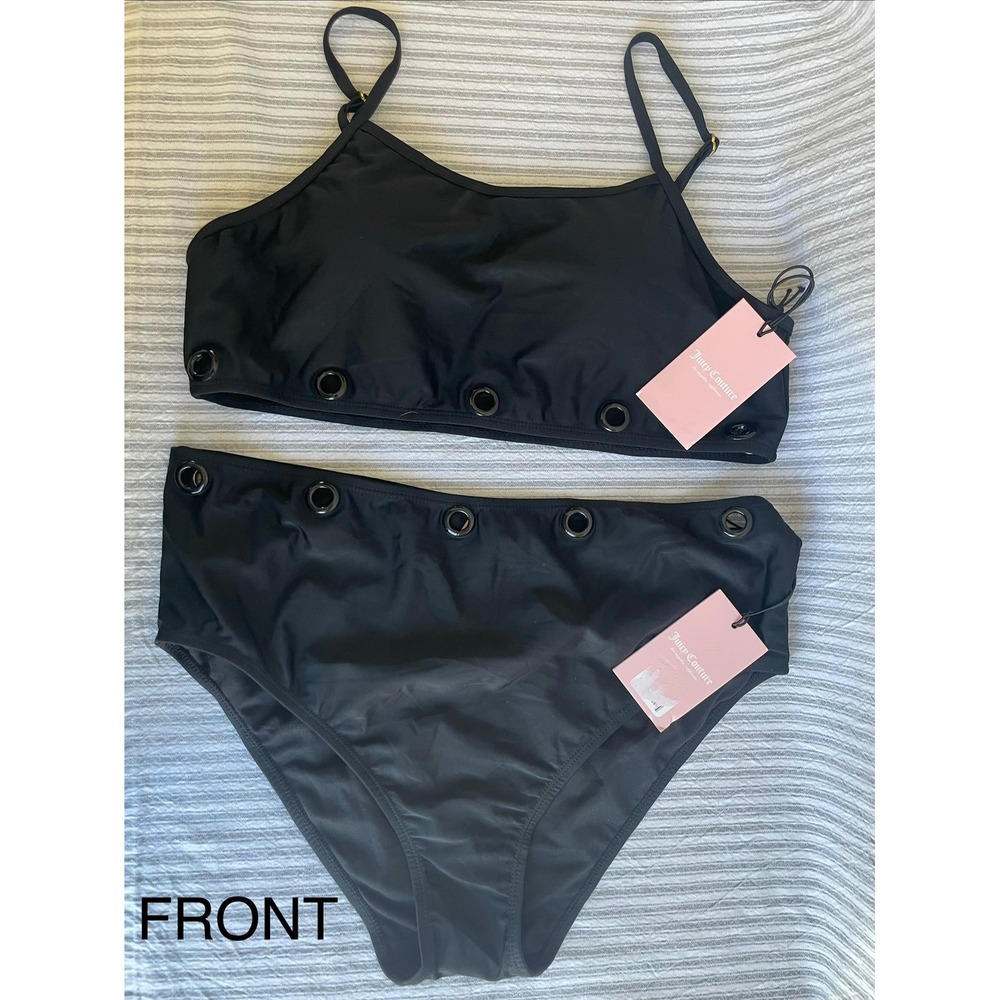 Juicy Couture Womens Black 2 Piece Grommet Bikini Set High Waist XL Modern Edgy